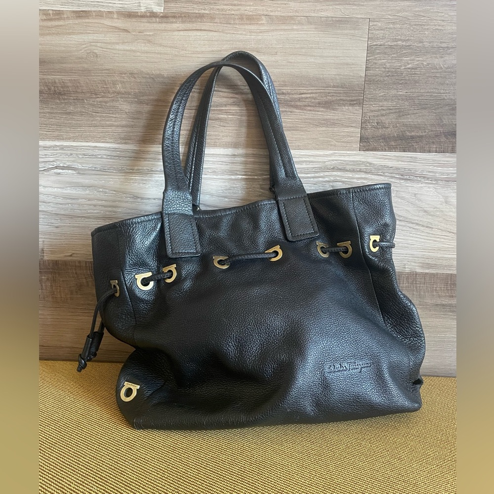 Vintage Ferragamo Black Leather Shoulder Bag